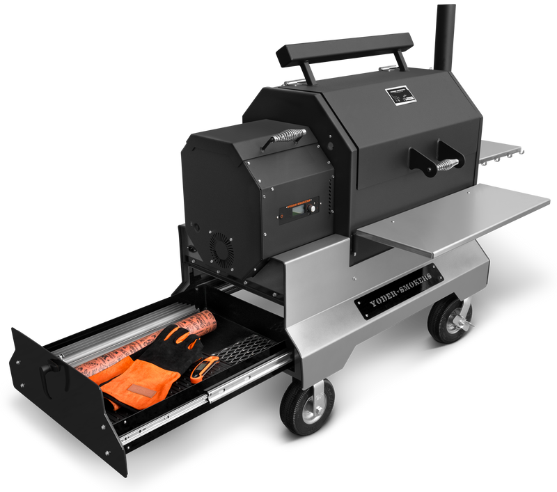 Yoder Smokers YS640S Comp (Black) + Stainless Steel Shelves + 2nd Level Slide-Out Cooking Shelf and Drawer